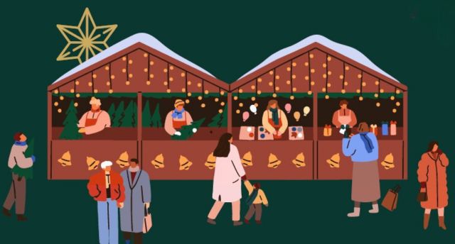 graphic of people at Christmas market stalls